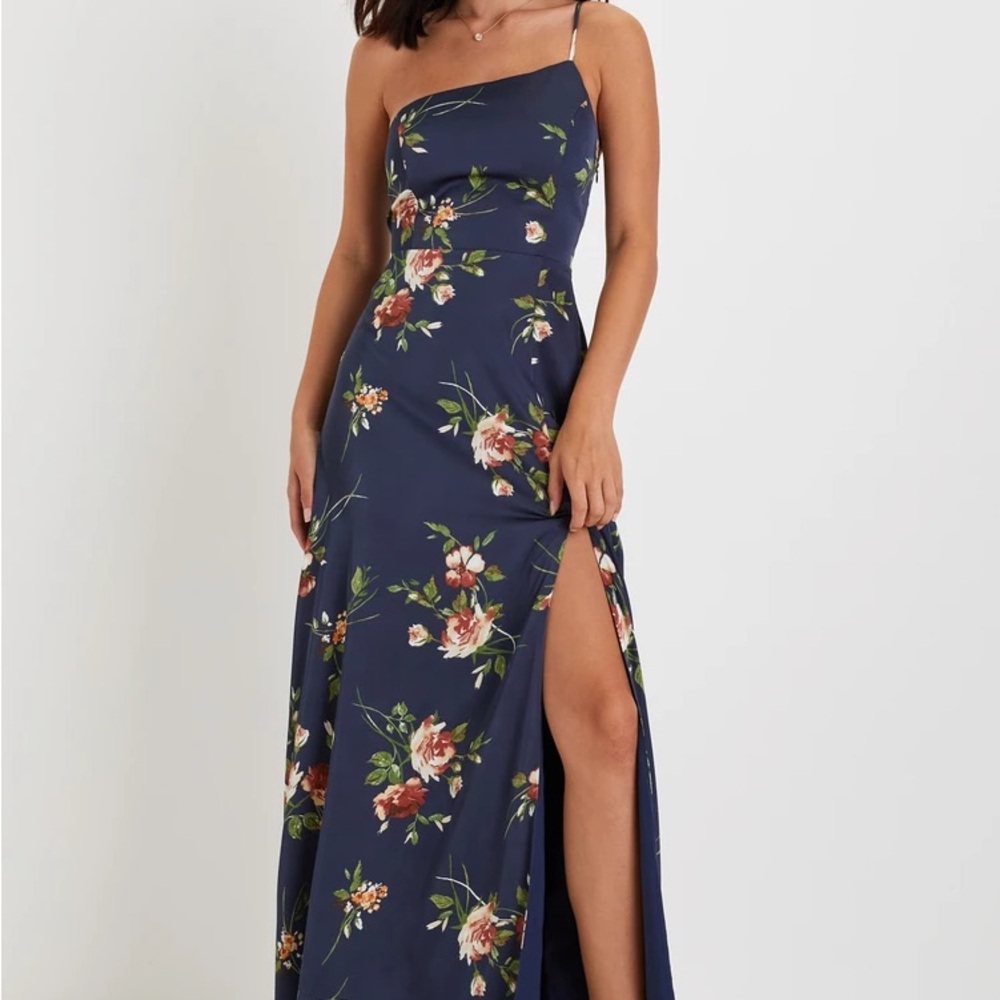 Exceptional Attraction Navy Blue Floral One-Shoulder Maxi Dress